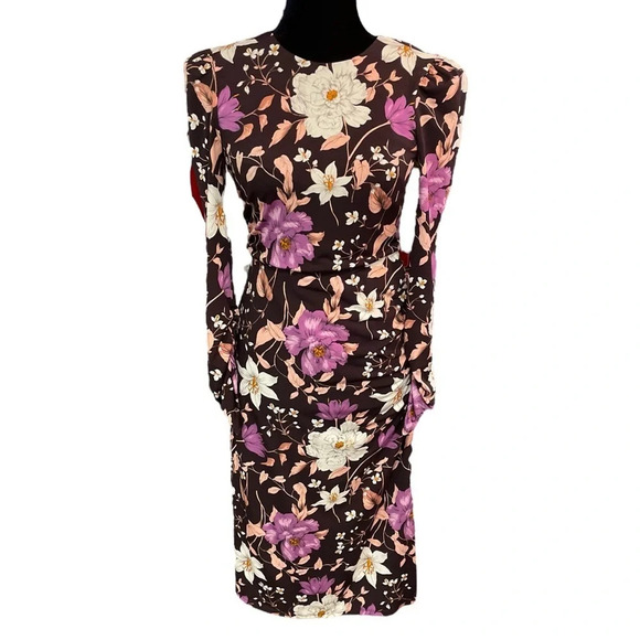 ELIZA J FLORAL LONG SLEEVE BODY-CON MIDI DRESS IN AUBERGINE size 2 - Picture 5 of 9